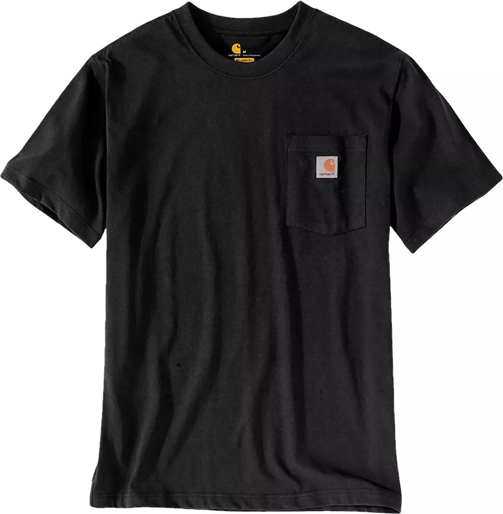 Czarny t-shirt męski z krótkim rękawem, wyposażony w kieszonkę na piersi z małym, kolorowym logo.