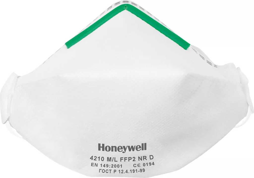 Półmaska przeciwpyłowa Honeywell 4210 FFP2 NR D, kolor biały, z zielonym paskiem na górnej krawędzi. Na przedniej stronie widoczne logo firmy i model maski.