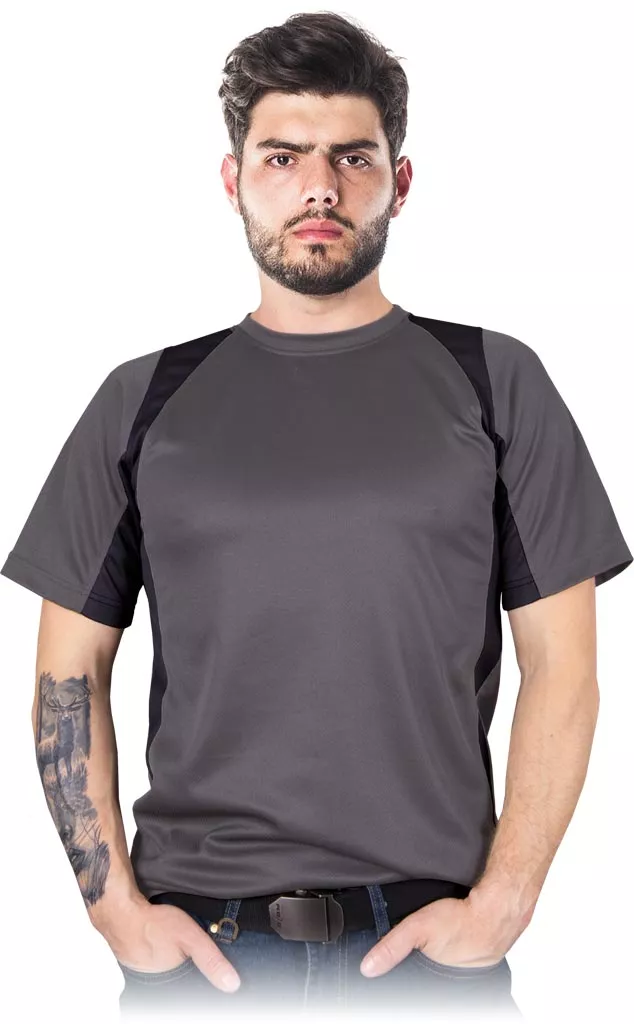 Męski T-shirt stalowy z siateczki MODERN, krótki rękaw, prosty krój, okrągły dekolt. Materiał lekki i przewiewny.