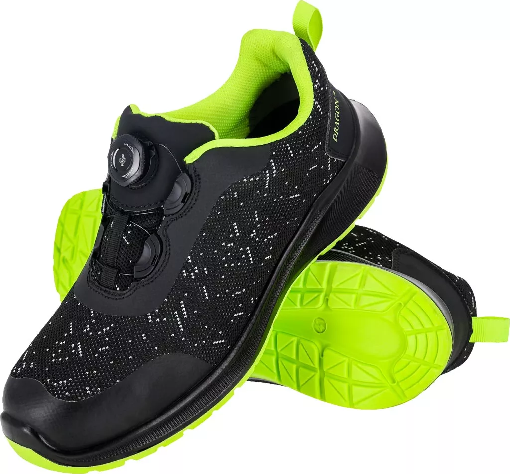 Buty robocze MATRIX S1PS męskie z podnoskiem z włókna szklanego i kompozytową wkładką, czarno-zielone, system szybkiego sznurowania, antypoślizgowa podeszwa.