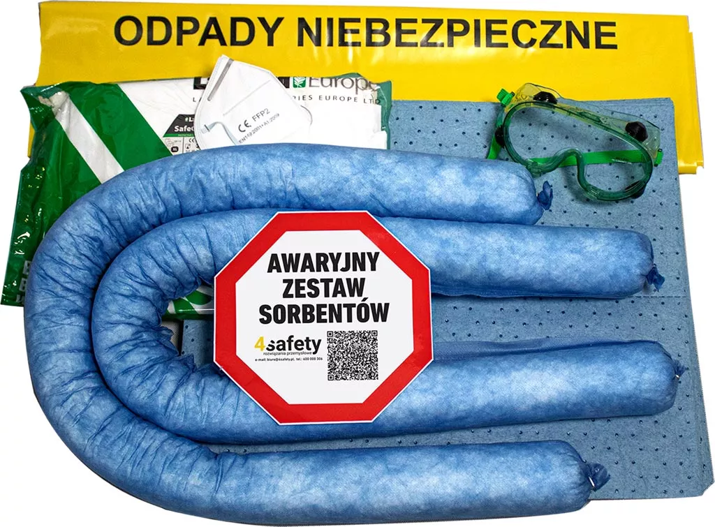 Zestaw zawiera niebieskie węże sorbentowe, okulary ochronne, rękawice, foliową torbę oraz etykietę 