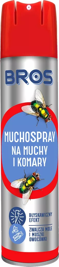 Czerwono-biały pojemnik sprayu marki BROS, o nazwie MUCHOSPRAY, przeznaczony do zwalczania much i komarów. Na etykiecie znajduje się grafika muchy i komara. Produkt przeznaczony jest do użytku domowego.