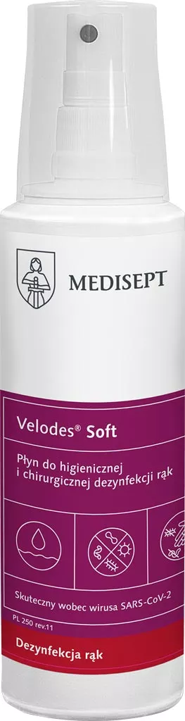 Velodes Soft to płyn do higienicznej i chirurgicznej dezynfekcji rąk. Higieniczna dezynfekcja wymaga zastosowania 2 x 1,5 ml przez 30 sekund. Produkt zapewnia skuteczną ochronę dłoni.
