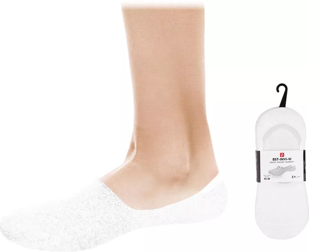 Damskie białe skarpety stopki INVI, wykonane z miękkiego materiału. Krótkie, niewidoczne podczas noszenia butów typu baleriny czy sneakersy. Idealne na co dzień, pakowane w zestawie po dwie pary.