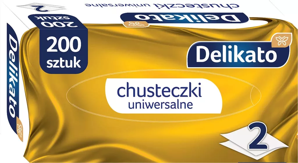 Chusteczki uniwersalne kosmetyczne Delikato, 200 sztuk, dwuwarstwowe. Opakowanie w kolorze złoto-białym z niebieskimi elementami.