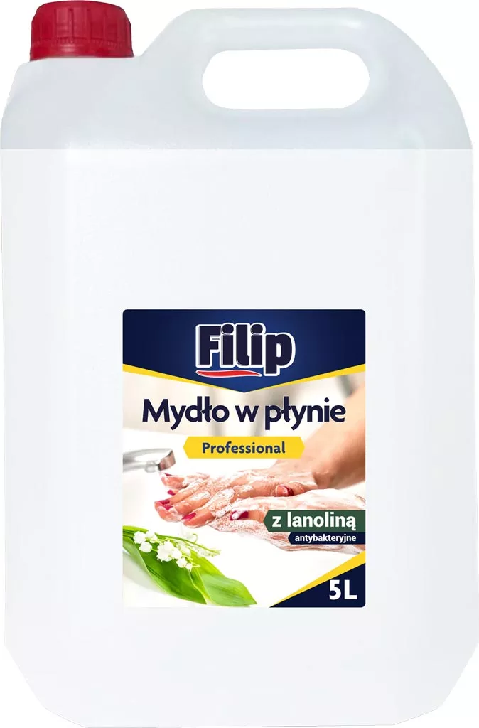 Opakowanie białe z czerwonym zamknięciem, zawiera 5L mydła w płynie Filip. Na etykiecie napis 