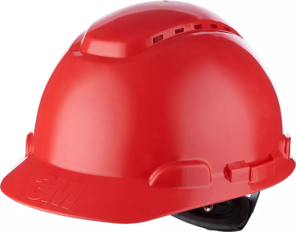 Hełm ochronny 3M H-700 w kolorze czerwonym, wykonany z tworzywa HDPE, wyposażony w otwory wentylacyjne i regulację dopasowania.
