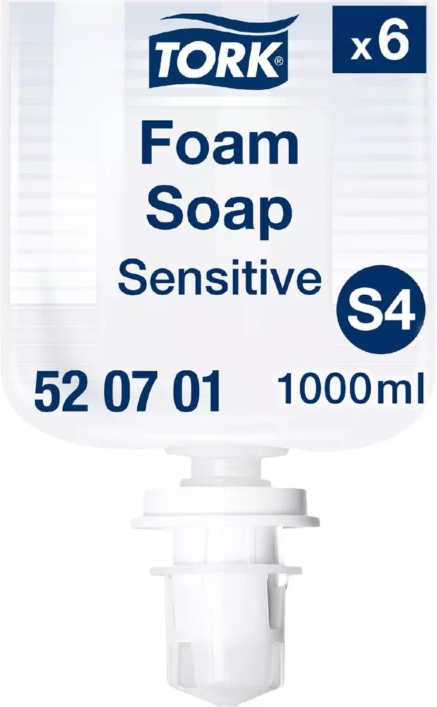 Mydło w pianie Tork Foam Soap Sensitive S4, bezzapachowe, premium, extra łagodne, pojemność 1000 ml, opakowanie 6 sztuk.