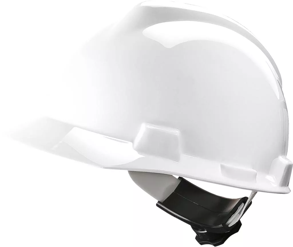 Hełm V-GARD, biały, z tworzywa HDPE, posiada przedni daszek i regulowany system zapięcia.