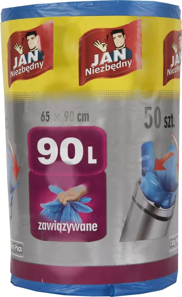 Opakowanie zawiera 50 sztuk worków na śmieci marki Jan Niezbędny. Każdy worek ma pojemność 90 litrów i wymiary 65 x 95 cm. Worki są zawiązywane.