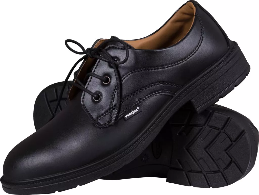 Eleganckie czarne skórzane buty robocze męskie MANAGER S1P z podnoskiem i wkładką, wiązane na sznurowadła, z antypoślizgową podeszwą.