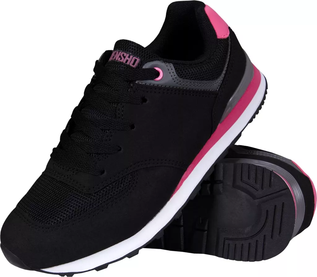 Damskie lekkie buty sportowe LADY w kolorze stalowym z czarnymi i różowymi akcentami. Podeszwa biała z czarnym spodem, cholewka przewiewna, sznurowane. Model wygodny do codziennego użytku.