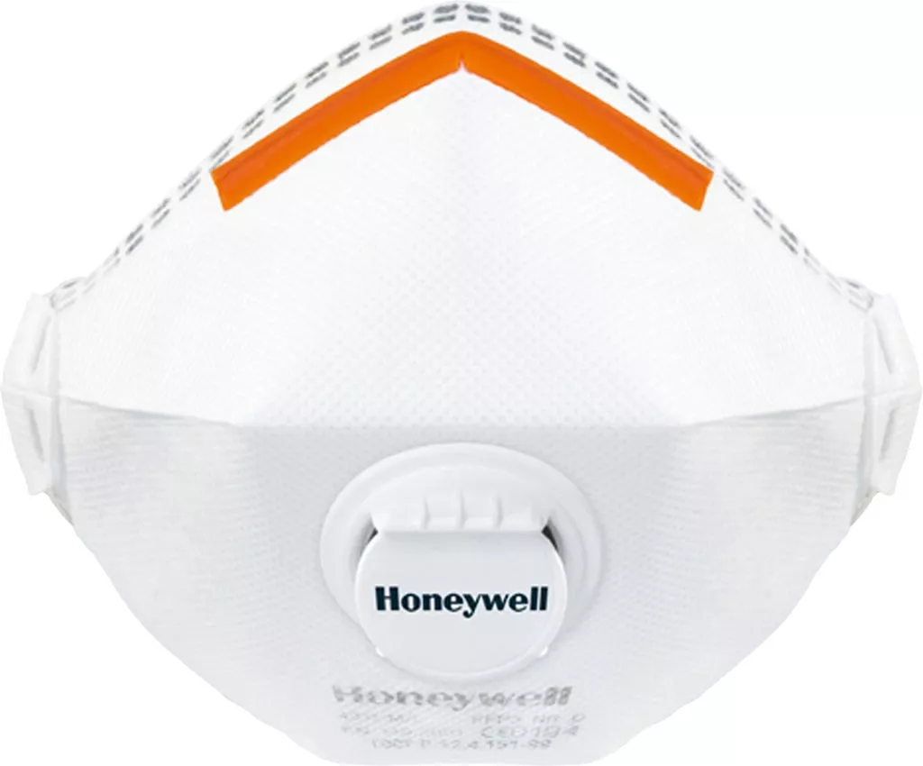 Półmaska filtrująca Honeywell 4311, kolor biały, z pomarańczowymi paskami u góry. Posiada zaworek umieszczony centralnie. Na masce znajduje się logo marki.