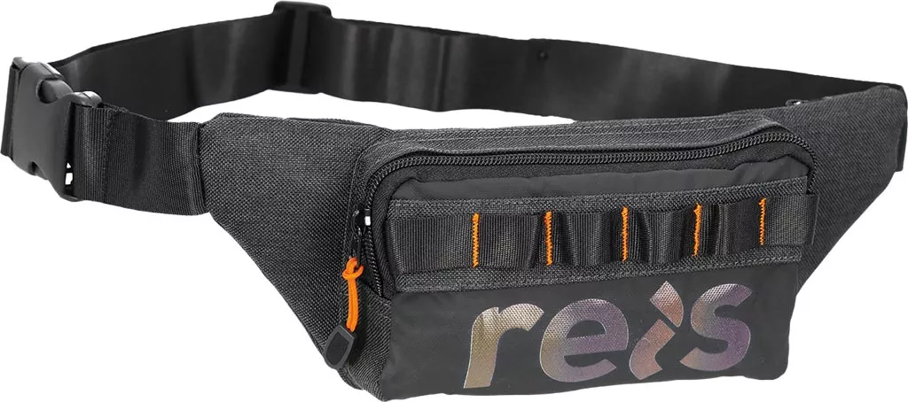 Czarna saszetka sportowa nerka WAISTBAG z kilkoma zamykanymi kieszeniami, wzmocniona, z regulowanym paskiem i wyrazistym napisem 