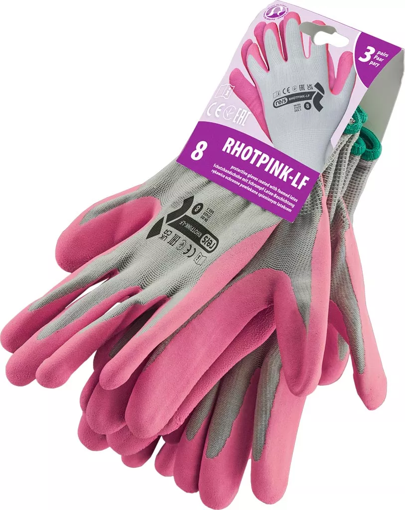 Różowe rękawice robocze HOTPINK-LF z powłoką PU, rozmiar 8. Przeznaczone do ochrony dłoni podczas pracy, wykonane z elastycznego materiału zapewniającego komfort i precyzję użytkowania.