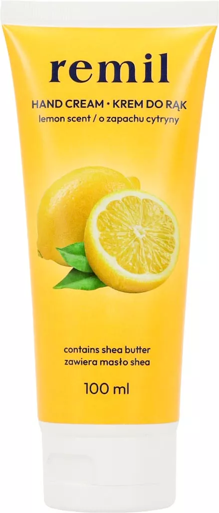 Krem do rąk REMIL o zapachu cytryny z masłem shea. Pojemność 100 ml. Nawilża i odżywia skórę dłoni.