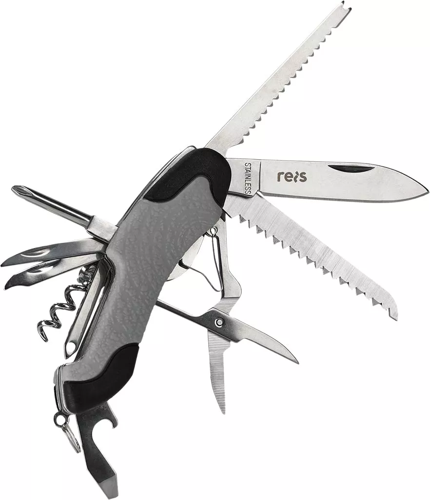 Scyzoryk taktyczny Tactical Guard SRV-MFKP, 15 w 2 funkcje, stal nierdzewna, narzędzie wielofunkcyjne z różnymi ostrzami i akcesoriami, ergonomiczna rękojeść, kompaktowy design.
