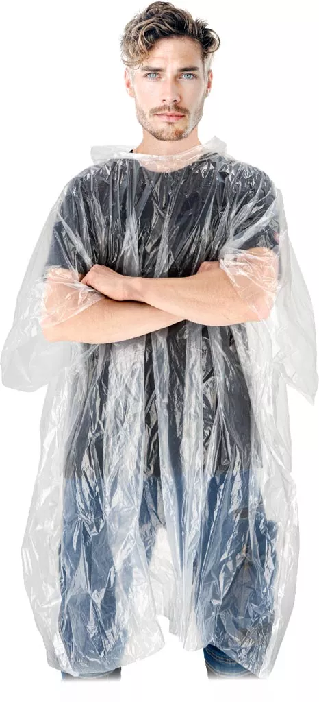 Peleryna przeciwdeszczowa typu poncho, wykonana z transparentnego materiału, o długości maxi, zakrywa całe ciało. Lekka i łatwa do założenia.