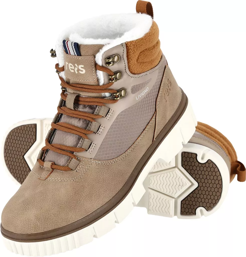 Damskie zimowe buty trzewiki trapery LIVIGNO w kolorze beżowym, ocieplane, z wyższą cholewką i grubą podeszwą typu trekkingowego. Buty mają metalowe oczka do sznurowadeł i kontrastujące detale.