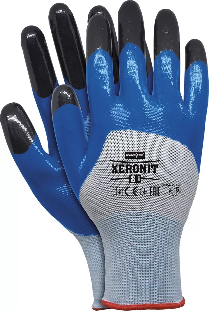 Rękawice robocze XERONIT z powłoką nitrylową, model Smooth, rozmiar 8. Wykonane z elastycznego materiału, zapewniają ochronę i wygodę podczas pracy. Certyfikowane zgodnie z normą EN 388.
