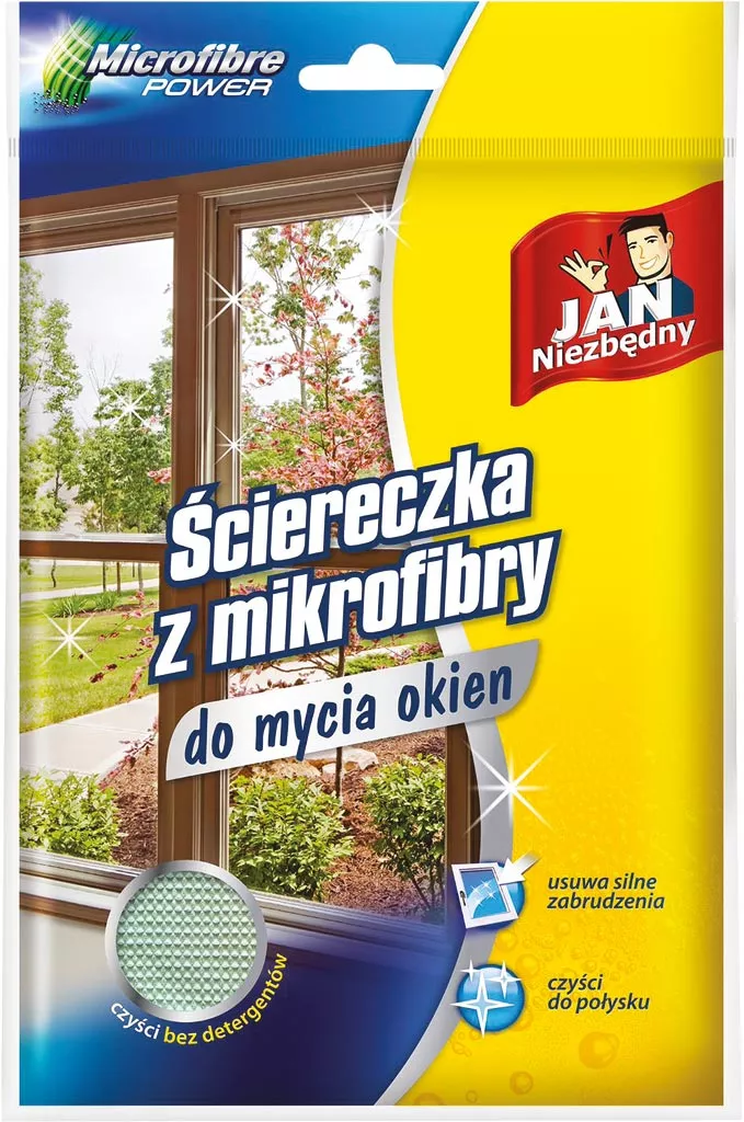 Opakowanie żółtej ścierki z mikrofibry do mycia okien z napisem 