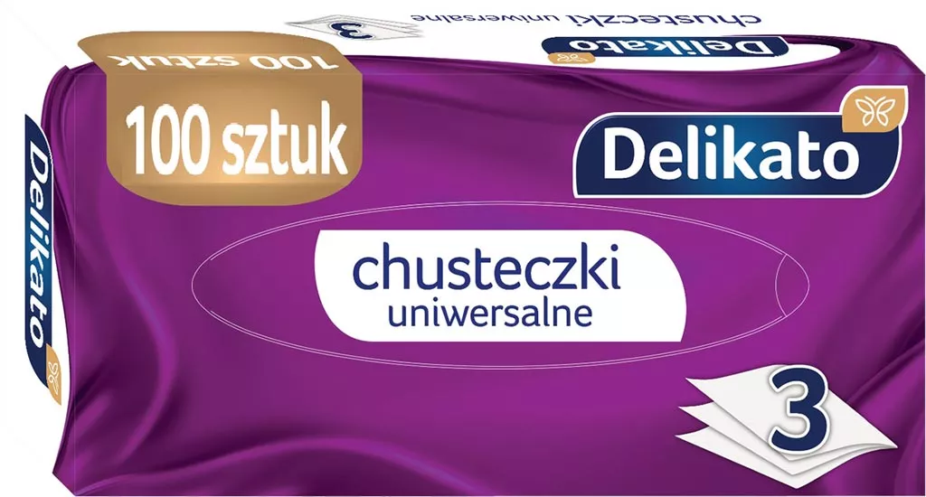 Chusteczki kosmetyczne Delikato, uniwersalne, 100 sztuk, 3-warstwowe, opakowanie fioletowe.