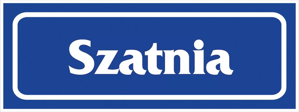 Prostokątny niebieski znak z białym napisem „Szatnia”. Znak jest otoczony białą ramką.