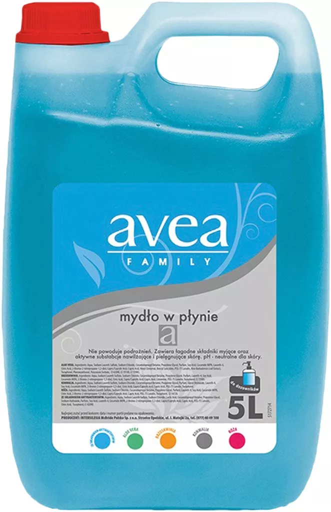 Mydło w płynie Avea 5L, naturalne, o właściwościach antybakteryjnych, przeznaczone do codziennej pielęgnacji rąk. Butelka z wygodnym uchwytem i zakrętką.