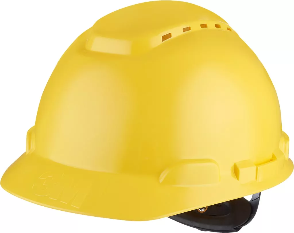 Hełm ochronny 3M H-700 w kolorze żółtym, wykonany z tworzywa HDPE. Posiada otwory wentylacyjne oraz regulowany pasek wewnętrzny dla dopasowania. Przeznaczony do ochrony głowy w pracy.