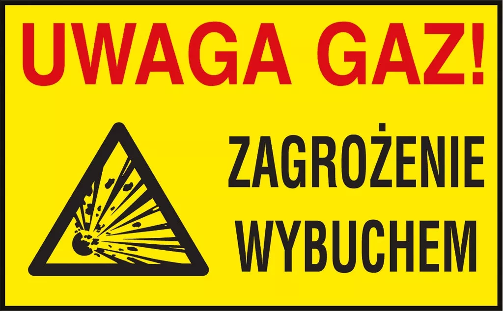 Znak ostrzegawczy w kształcie prostokąta o żółtym tle z napisem 