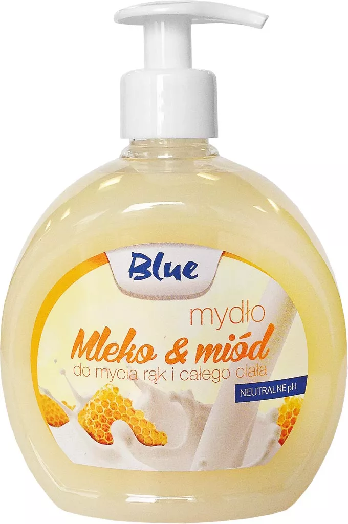 Mydło w płynie Blue 500 ml, o zapachu mleka i miodu, do mycia rąk i ciała, z dozownikiem. Składniki nawilżające i pielęgnujące.