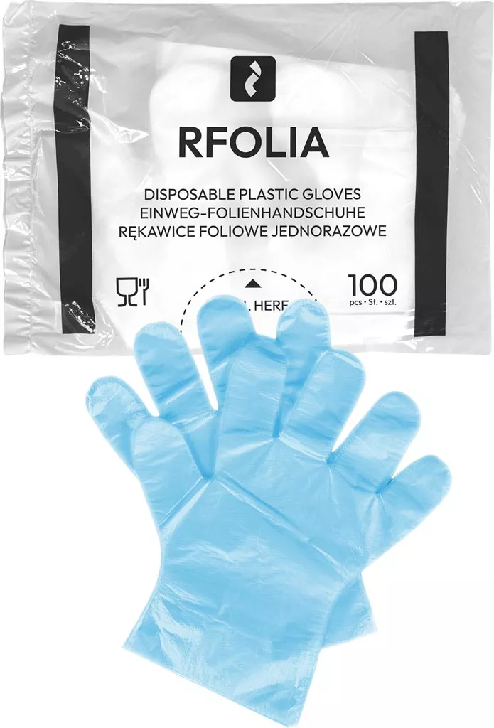 Rękawiczki jednorazowe foliowe FROLIA, 100 sztuk. Przeznaczone do ochrony rąk podczas różnych czynności. Kolor niebieski. Produkt do jednorazowego użytku.