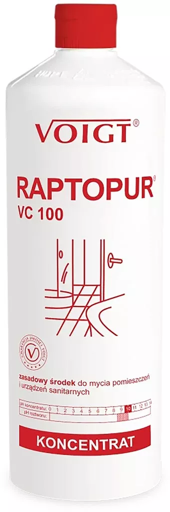Zasadowy środek czyszczący RAPTOPUR VC 100, koncentrat do mycia pomieszczeń i urządzeń sanitarnych. Pojemność 1 litr. Producent: VOIGT.