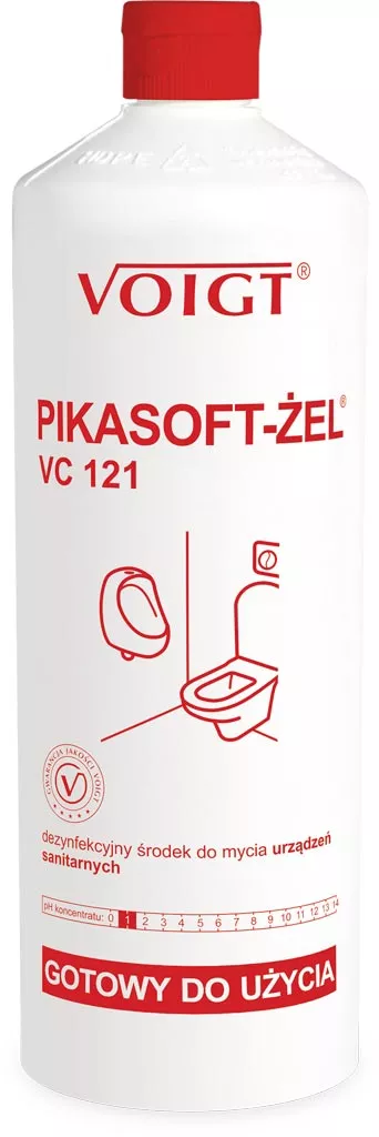 Biała butelka z czerwonymi napisami i grafiką, zawiera środek dezynfekujący PIKASOFT-ŻEL VC 121 marki Voigt. Przeznaczony do czyszczenia toalet.