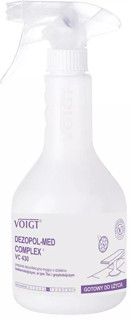 Płyn Dezopol-Med Complex VC 430 jest alkoholowym preparatem dezynfekcyjno-myjącym w białej butelce z rozpylaczem. Zawiera związki amoniowe i przeznaczony jest do dezynfekcji. Butelka ma białe etykiety z fioletowymi akcentami i logotypem 