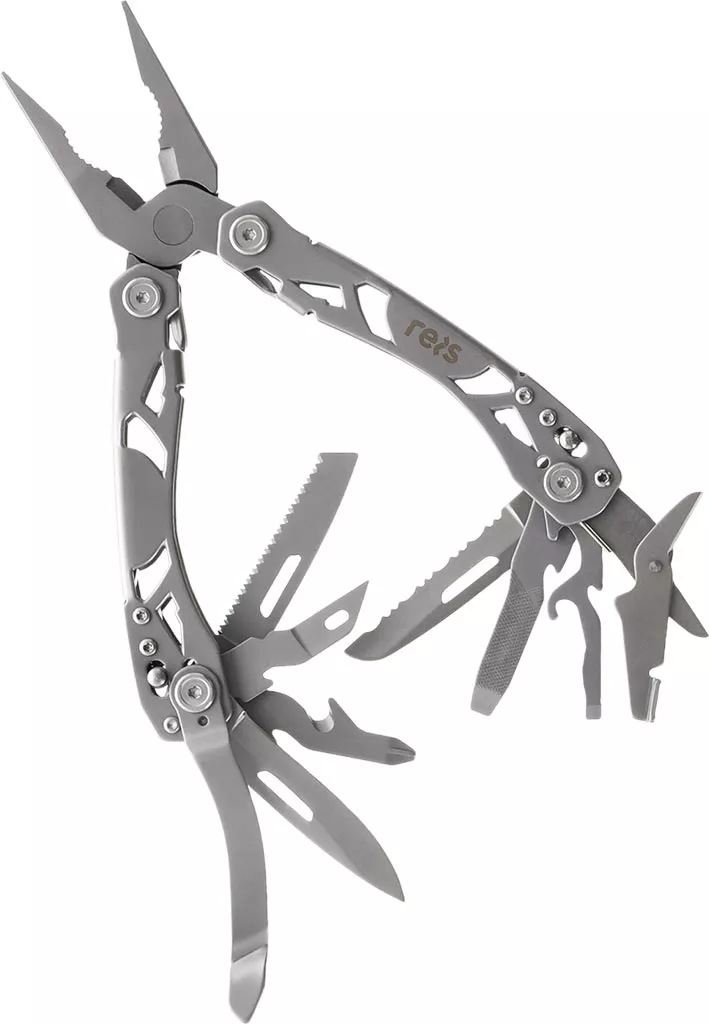 Narządzie multitool taktyczne Tactical Guard SRV-MT wykonane ze stali, 16 funkcji, w tym szczypce, noże, śrubokręty i inne narzędzia, kompaktowe i składane, przeznaczone do różnorodnych zastosowań.