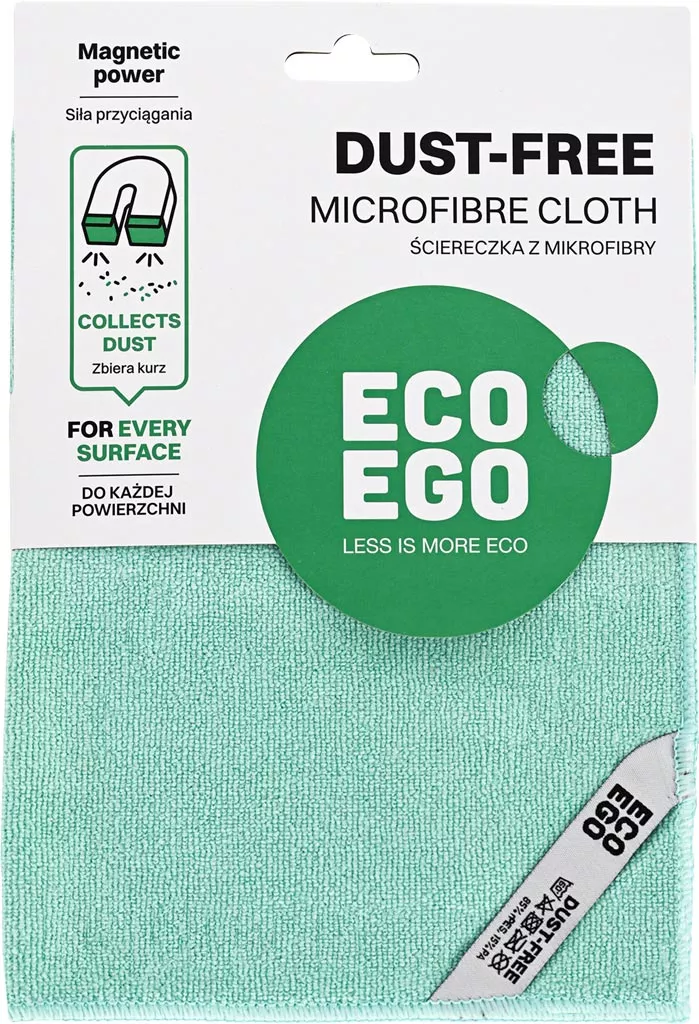 Ściereczka z mikrofibry DUST-FREE marki Eco Ego, koloru zielonego, przeznaczona do czyszczenia różnych powierzchni. Opakowanie promuje właściwości ekologiczne produktu.