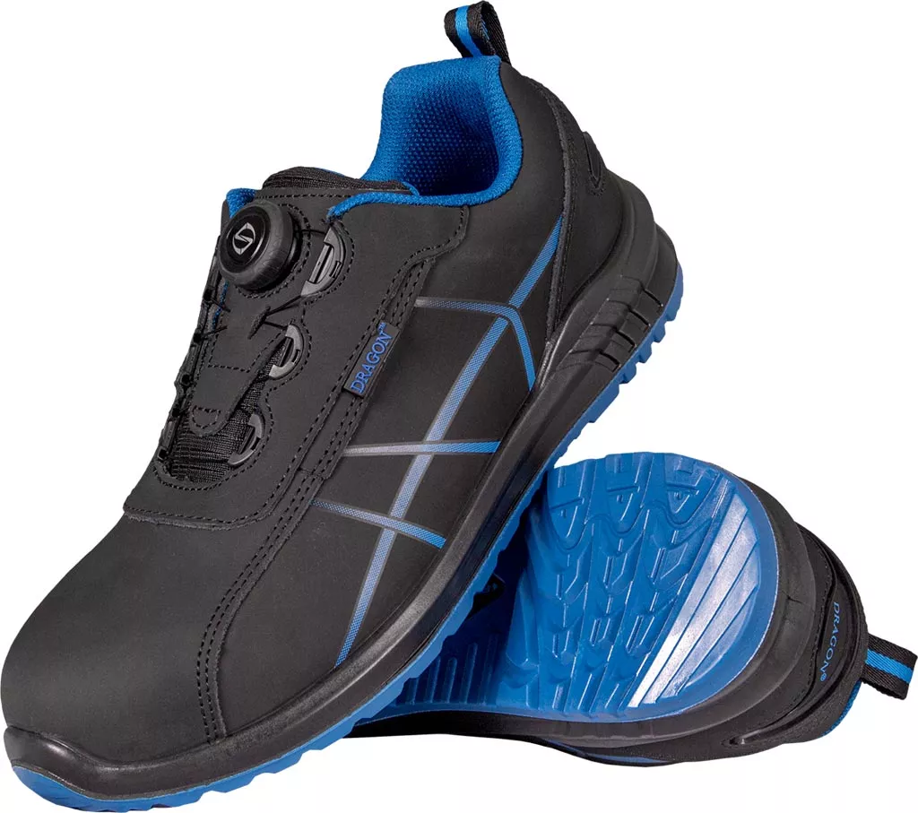 Buty robocze ELSTER S1P w kolorze czarno-niebieskim, męskie, z systemem szybkiego wiązania, podnoskiem i wkładką ochronną. Podeszwa antypoślizgowa, elegancki design.