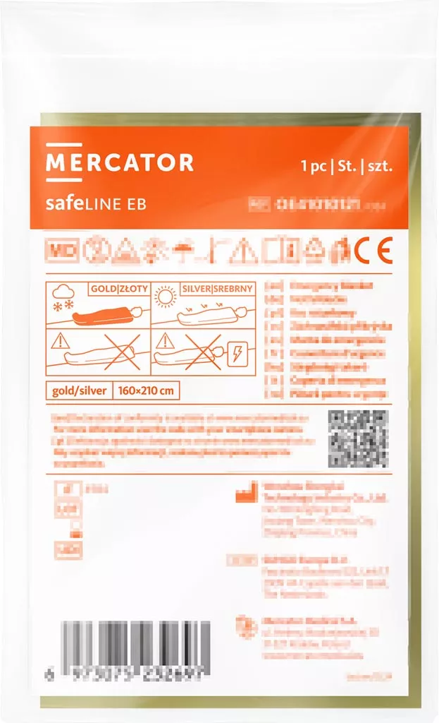 Koc termiczny ratunkowy Mercator dwustronny, rozmiar 160x210 cm, jednorazowy, wodoodporny i odporny na wiatr. Chroni przed wychłodzeniem, wykonany z folii aluminiowej. Zgodny z normą EN ISO 13485.