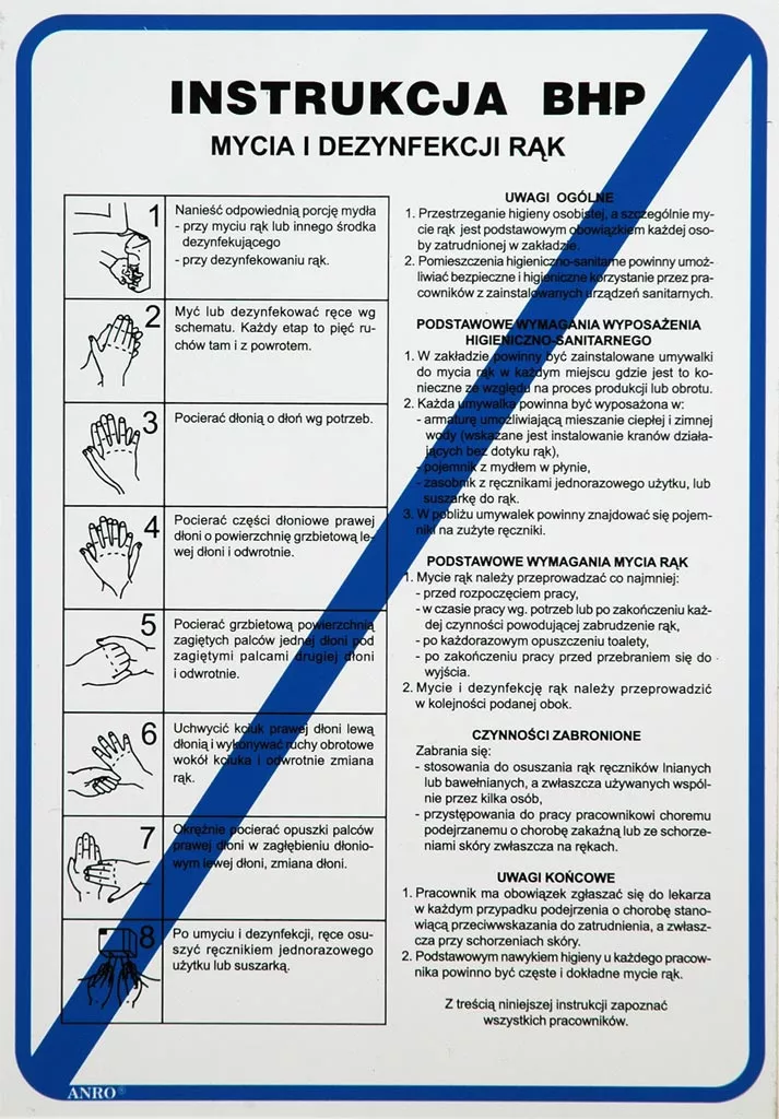 Plakat z instrukcją BHP dotyczącą mycia i dezynfekcji rąk zawiera krok po kroku graficzne i tekstowe wskazówki, w języku polskim, jak prawidłowo przeprowadzić higienę rąk. Znajdują się na nim również wytyczne dotyczące stosowania środków dezynf