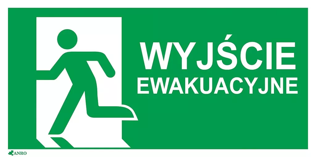 Zielony znak bezpieczeństwa z białymi elementami przedstawiający sylwetkę osoby szybko idącej w kierunku wyjścia, z napisem 