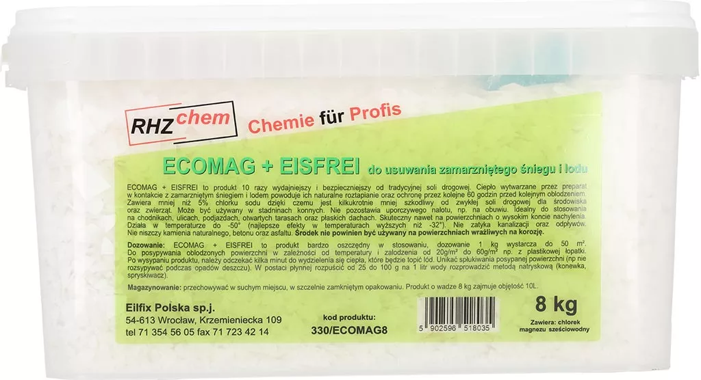 Opakowanie zawiera 8 kg granulatu ECOMAG® DISPFREE marki RHZ-Chem, który służy do usuwania śniegu i lodu. Na etykiecie znajdują się informacje o produkcie w różnych językach oraz kontakt do producenta.