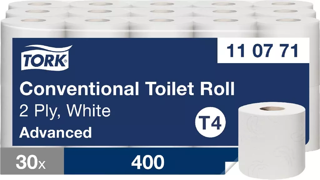 Papier toaletowy TORK Advanced, biały, 2-warstwowy, 30 rolek w opakowaniu, typ T4, 400 listków na rolkę.
