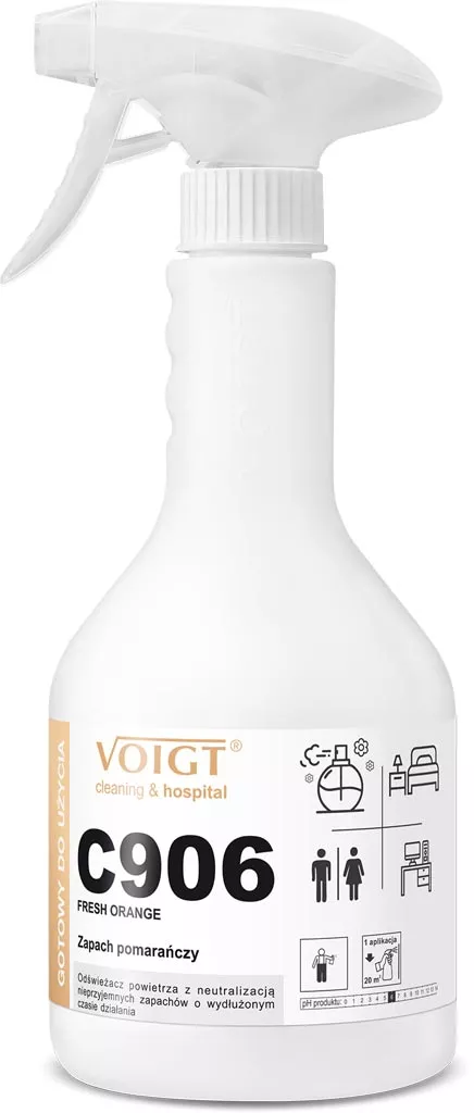 Odświeżacz powietrza Voigt C906 FRESH ORANGE o pojemności 750 ml, w butelce z atomizerem. Produkt przeznaczony do szybkiego odświeżania powietrza. Etykieta zawiera instrukcje dotyczące użycia i symbole ostrzegawcze.