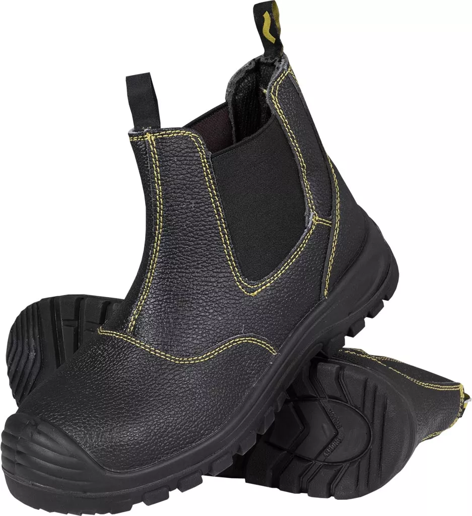 Buty robocze trzewiki wsuwane sztyblety z podnoskiem S1 YES, wykonane z wytrzymałej skóry, z elastycznymi wstawkami po bokach i antypoślizgową, profilowaną podeszwą. Model bezpieczny YES-SZ-S1.