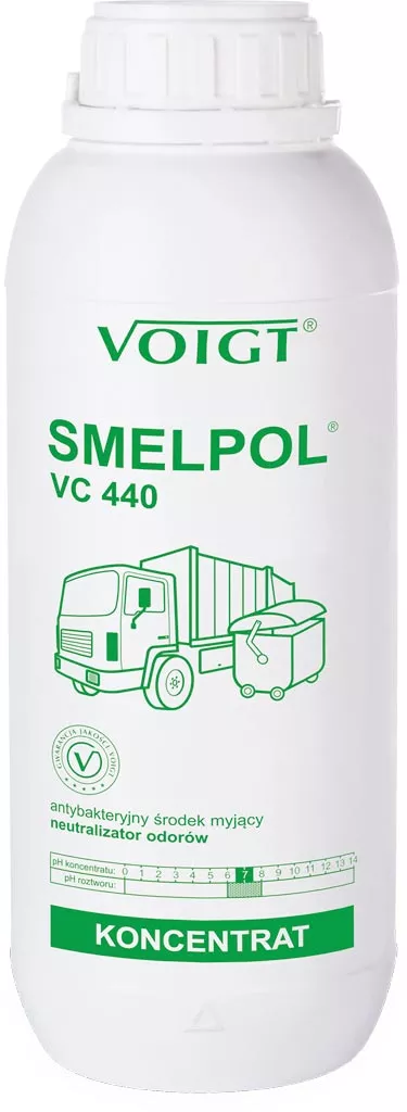 Biała butelka z antybakteryjnym koncentratem Voigt Smelpol VC 440. Opakowanie oznaczone grafiką śmieciarki i napisem „koncentrat”. Logo firmy Voigt widoczne na górze.