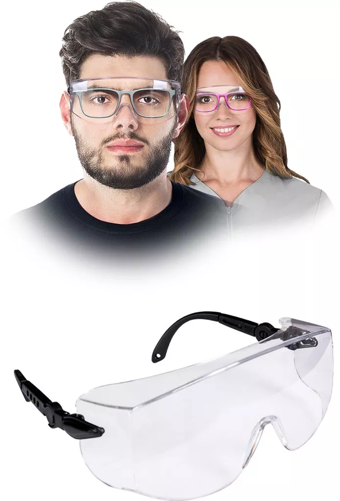 Przeciwodpryskowe okulary ochronne PORTLAND, nakładane na okulary korekcyjne, przezroczyste, z elastycznymi zausznikami.