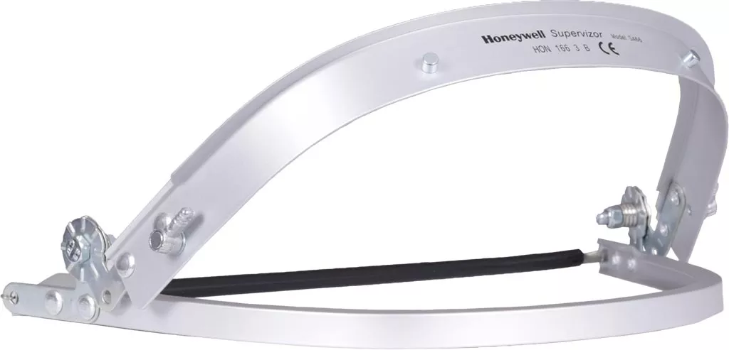 System mocujący do hełmów wykonany z anodowanego aluminium, wyposażony w regulowane zaciski i elastyczną taśmę. Marka Honeywell.