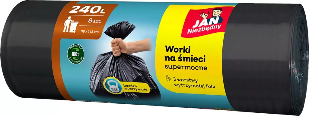 Worki na śmieci marki Jan Niezbędny, zapinane, pojemność 240L, 10 sztuk w opakowaniu, z systemem zamknięcia.