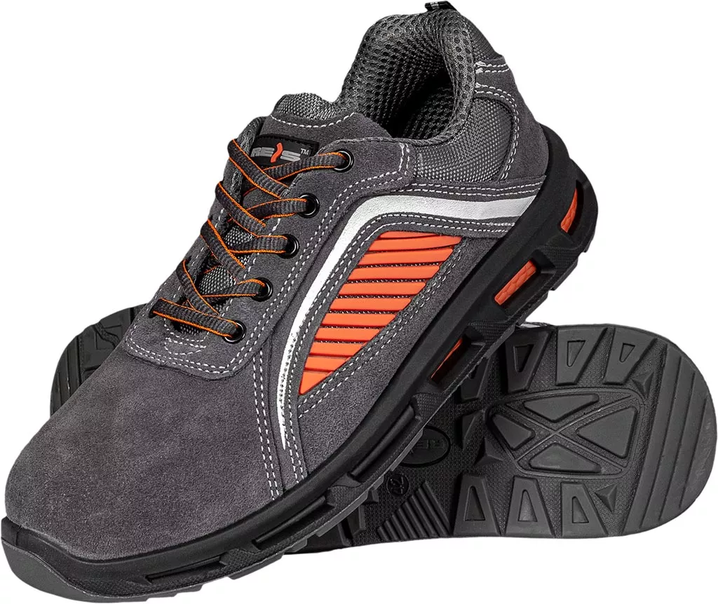Skórzane buty robocze ATOMIC S1 z podnoskiem stalowym, męskie, w kolorze szaro-pomarańczowym, z wytrzymałą, antypoślizgową podeszwą i sznurowaniem.